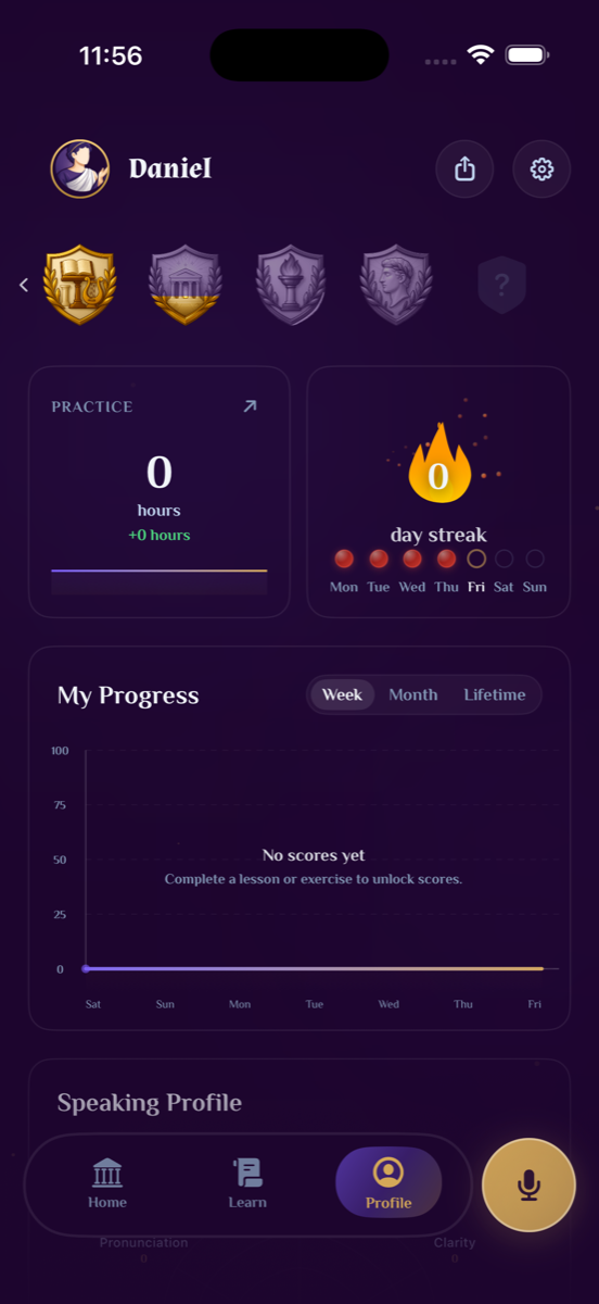 Orator app screen showing speaking progress analytics